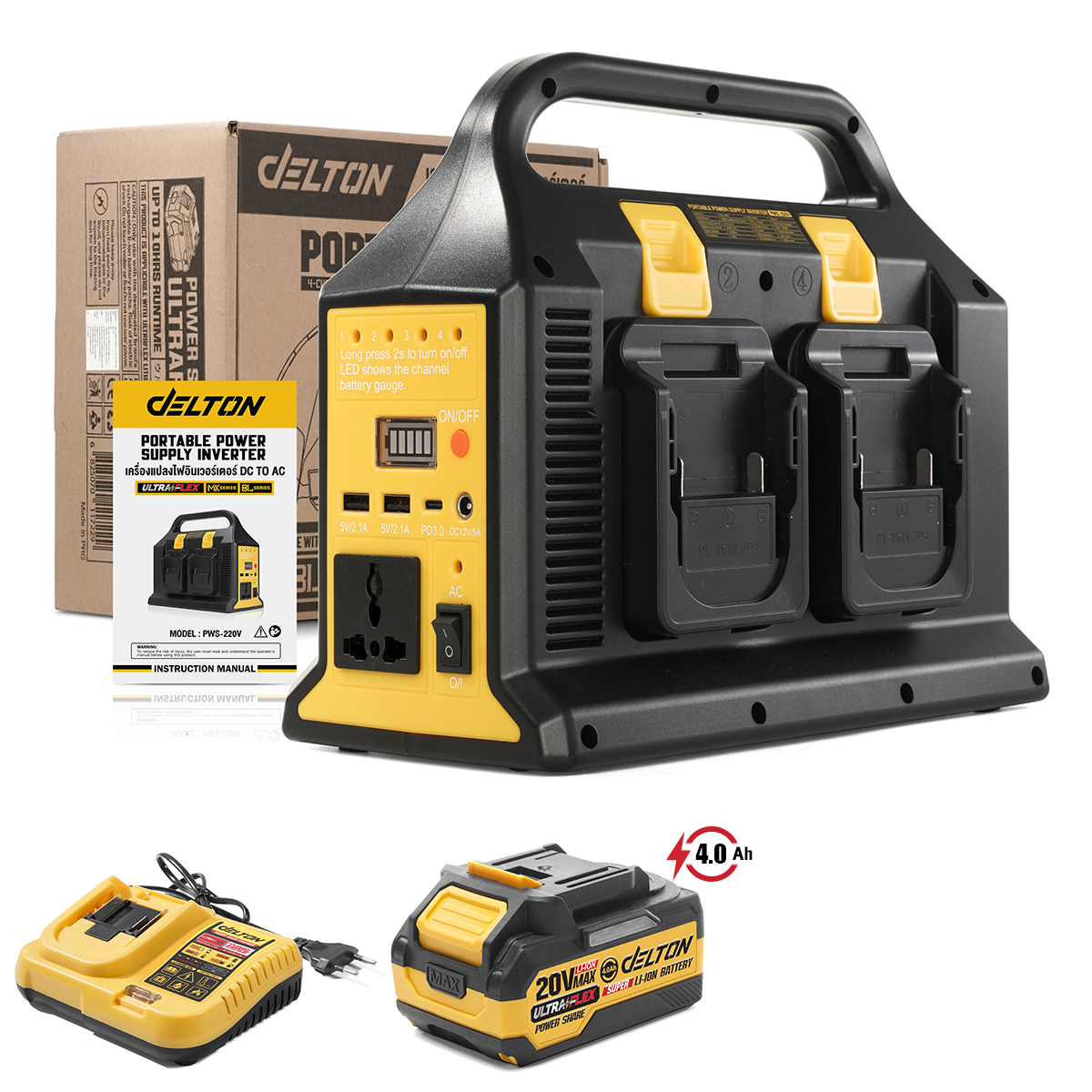 หัวแปลงปลั๊กไฟ (พร้อมแบตเตอรี่) DELTON รุ่น PWS-220V ULTRAFLEX 20V 4AH_1